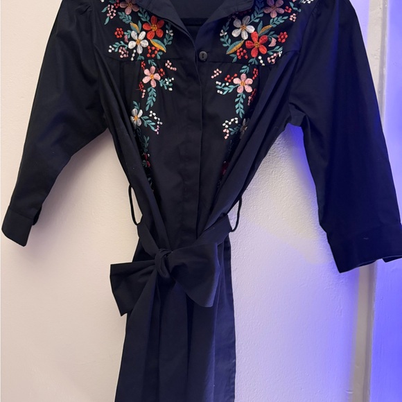eshakti Dresses & Skirts - Wayward Fancies Embroidered Floral Shirt Dress Black Tie Waist